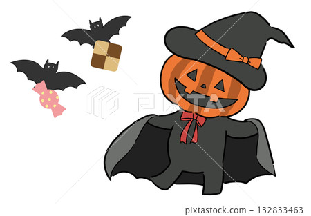 Halloween illustration of a bat holding a jack-o'-lantern (pumpkin ghost) and candy 132833463