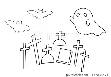 蝙蝠和幽靈飛過墳墓的線條畫插圖 132833471