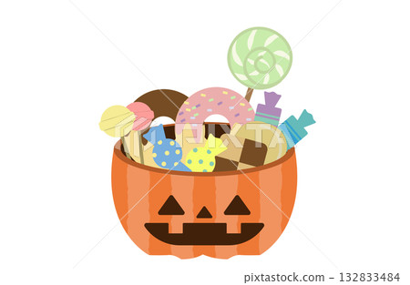 Flat illustration of a jack-o'-lantern filled with sweets 132833484