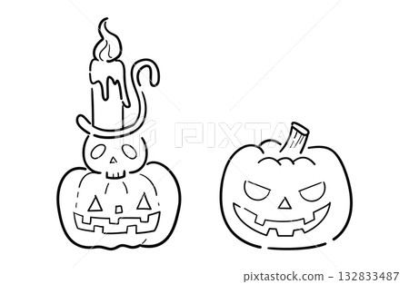 Jack-o'-lantern candle and pumpkin ghost illustration (line drawing) 132833487