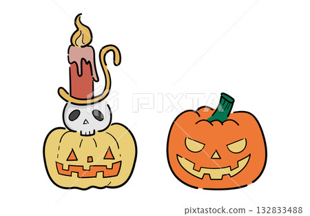 Jack-o'-lantern candle and pumpkin ghost illustration 132833488