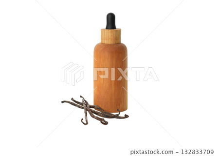 Wooden bottle with vanilla extract and pods, isolated on white, PNG 132833709