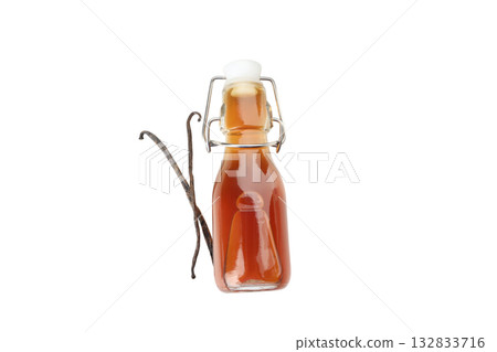 Clear bottle of vanilla extract with beans, isolated on white, PNG 132833716