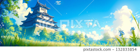 Japanese castle in summer, anime style, copy space 132833854