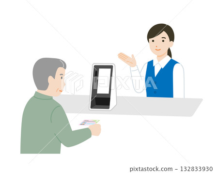 店員引導顧客穿過個人編號卡和健康保險卡接待區。 店員引導顧客穿過個人編號卡和健康保險卡接待區。 132833930