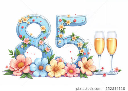 Vibrant 85 birthday scene with flowers and champagne. 132834118
