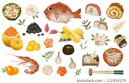 A set of New Year's dishes drawn with gentle watercolor touches (illustrations of lucky items for New Year's and Japanese cuisine) A set of New Year's dishes drawn with gentle watercolor touches (illustrations of lucky items for New Year's and Japanese cuisine) 132834170