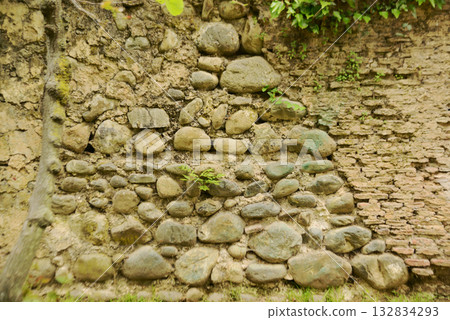 Old, ruined brick wall. Panoramic old urban background, yellow ruined industrial brick wall. 132834293