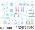 Science motif illustration set: test tube, litmus paper, magnet, Galileo thermometer, microscope 132834359
