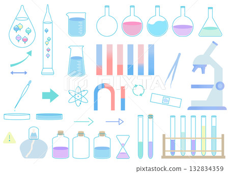 科學主題插圖套裝：試管、石蕊試紙、磁鐵、伽利略溫度計、顯微鏡 132834359