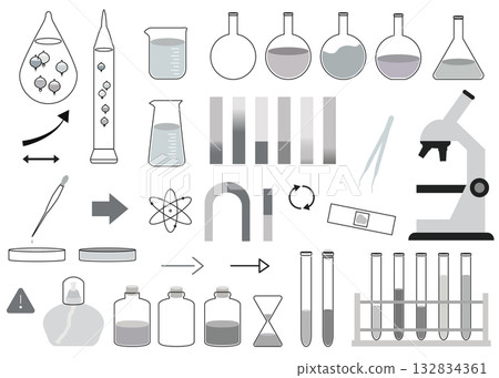 Science motif illustration set: test tube, litmus paper, magnet, Galileo thermometer, microscope 132834361
