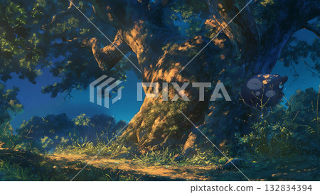 Huge tree trunk at night, anime style Huge tree trunk at night, anime style 132834394