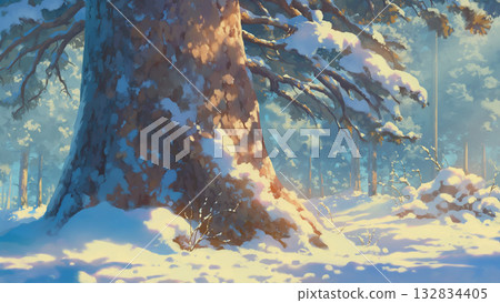 Giant tree trunk in winter, cartoon style 132834405