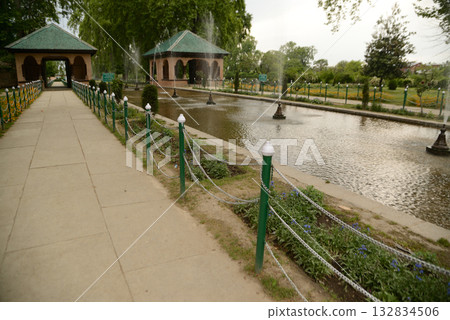 Shalimar Bagh is a beautiful Mughal garden in Srinagar, Jammu and Kashmir, India. It is a garden with fountains, ponds and various plants. 132834506