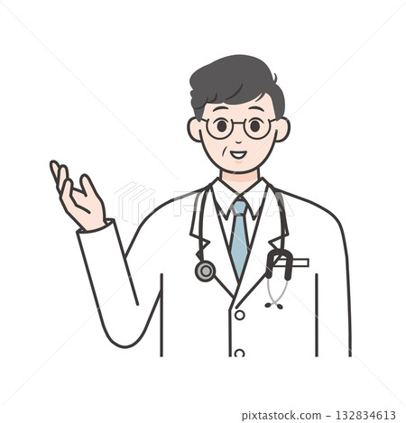 Illustration of a smiling male doctor giving instructions 132834613