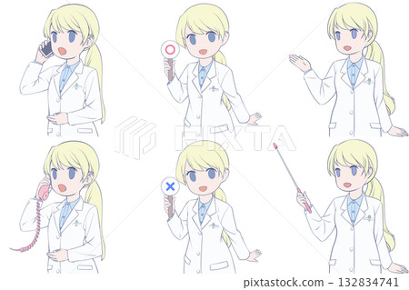 一位年輕的女藥劑師正在打電話，手裡拿著一個勾號，並給予指示。一套六張身穿白大褂的女性剪貼畫。 132834741