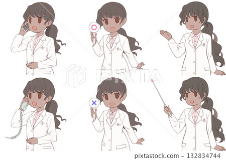 一位年輕的女藥劑師正在打電話，手裡拿著一個勾號，並給予指示。一套六張身穿白大褂的女性剪貼畫。 132834744