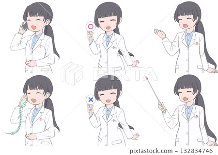 一位年輕的女藥劑師正在打電話，手裡拿著一個勾號，並給予指示。一套六張身穿白大褂的女性剪貼畫。 132834746