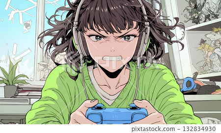 一位年輕女子正全神貫注地玩著一款競技電子遊戲。 一位年輕女子正全神貫注地玩著一款競技電子遊戲。 132834930