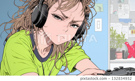 A young woman engrossed in a competitive video game A young woman engrossed in a competitive video game 132834932