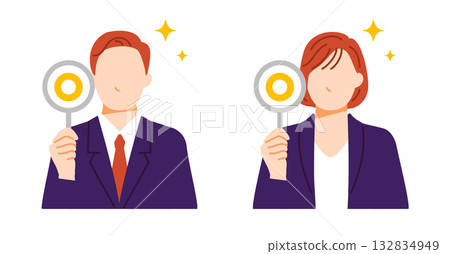 Illustration of male and female business people wearing suits with round panels 132834949