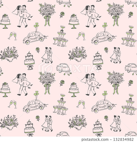 Vector seamless wedding pattern with bride and groom, cake, bouquet and romantic elements. Hand-drawn black and white illustration. Vector seamless wedding pattern with bride and groom, cake, bouquet and romantic elements. Hand-drawn black and white illustration. 132834982