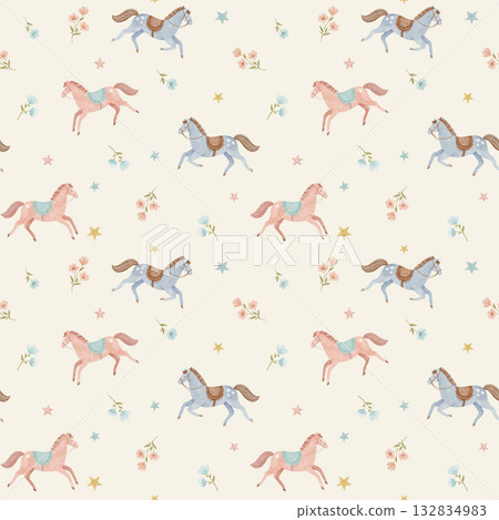 Pattern with cute horses in soft watercolor style, pastel colors for baby and kids room. Seamless gentle design with flowers perfect for nursery decor and prints Pattern with cute horses in soft watercolor style, pastel colors for baby and kids room. Seamless gentle design with flowers perfect for nursery decor and prints 132834983