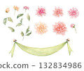 Watercolor floral clipart set with chrysanthemums, leaves and bees holding a green ribbon. Hand-painted flower elements for wedding invitations, cards, posters and decor. 132834986