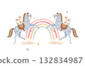 Cute watercolor horses and rainbow illustration. Pastel farm animals with flowers, clouds and stars perfect for baby nursery prints, kids decor, wall art and children's room design. 132834987