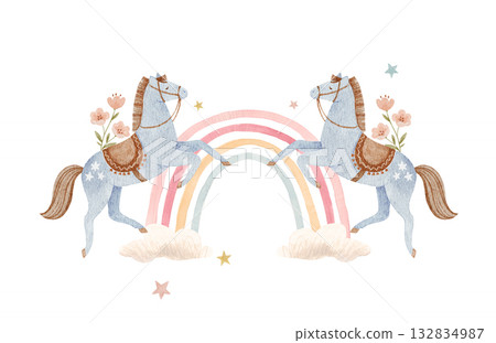 Cute watercolor horses and rainbow illustration. Pastel farm animals with flowers, clouds and stars perfect for baby nursery prints, kids decor, wall art and children's room design. Cute watercolor horses and rainbow illustration. Pastel farm animals with flowers, clouds and stars perfect for baby nursery prints, kids decor, wall art and children's room design. 132834987