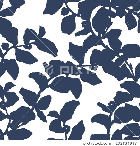 Abstract seamless leaf pattern in navy blue and white. Modern botanical design with organic shapes for fabric, wallpaper, packaging, fashion prints and home decor. Abstract seamless leaf pattern in navy blue and white. Modern botanical design with organic shapes for fabric, wallpaper, packaging, fashion prints and home decor. 132834988