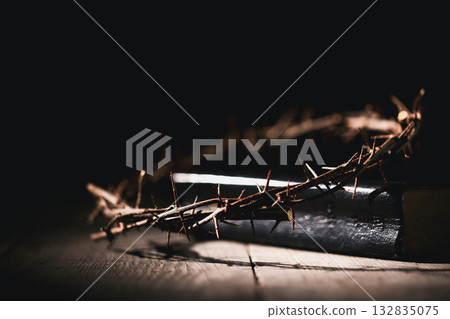 Closeup of Jesus Christ wearing crown of thorns during His crucifixion captures the suffering, sacrifice, and deep spirituality that define Easter and the core of Christian faith and religion. Closeup of Jesus Christ wearing crown of thorns during His crucifixion captures the suffering, sacrifice, and deep spirituality that define Easter and the core of Christian faith and religion. 132835075