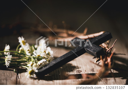 Closeup of Jesus Christ wearing crown of thorns during His crucifixion captures the suffering, sacrifice, and deep spirituality that define Easter and the core of Christian faith and religion. 132835107