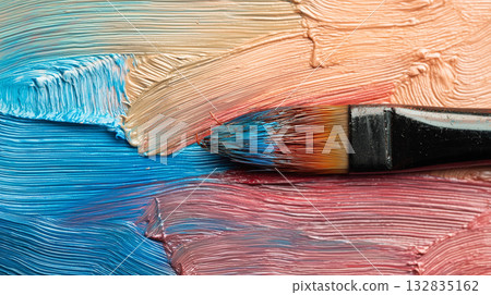 Textured background of paintbrushes and colorful paints | Art image capturing the moment of creation 132835162