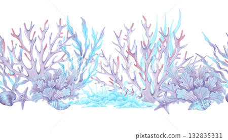 A seamless border featuring underwater elements corals, seaweed, starfish, and shells. Watercolor illustration. Hand drawn isolated art. Horizontal frame for children's design, travel and packaging. A seamless border featuring underwater elements corals, seaweed, starfish, and shells. Watercolor illustration. Hand drawn isolated art. Horizontal frame for children's design, travel and packaging. 132835331