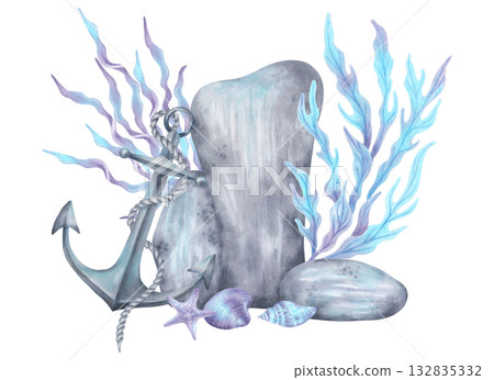 Composition of stones with an anchor, shell, seaweed. Watercolor illustrations. Hand drawn, isolated drawing of pebbles, equipment, animals. Suitable for marine scenes, ocean landscapes, navigation. Composition of stones with an anchor, shell, seaweed. Watercolor illustrations. Hand drawn, isolated drawing of pebbles, equipment, animals. Suitable for marine scenes, ocean landscapes, navigation. 132835332