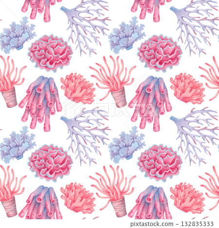 Seamless pattern with colorful corals. Watercolor illustration of underwater marine animals. Hand-drawn isolated illustration. Background for decorative projects, fabrics, textiles, and packaging. 132835333