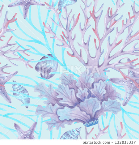 Seamless marine pattern with shells, corals, starfish, and seaweed. Hand-drawn watercolor illustration. Underwater animal background for fabric, textiles, and children's products. Seamless marine pattern with shells, corals, starfish, and seaweed. Hand-drawn watercolor illustration. Underwater animal background for fabric, textiles, and children's products. 132835337