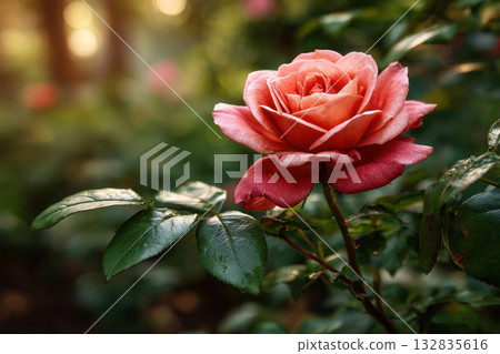 Delicate pink rose bathed in soft sunlight among green foliage 132835616