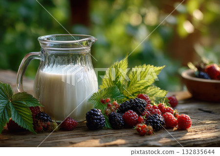 Fresh milk pitcher with berries and leaves on rustic table 132835644