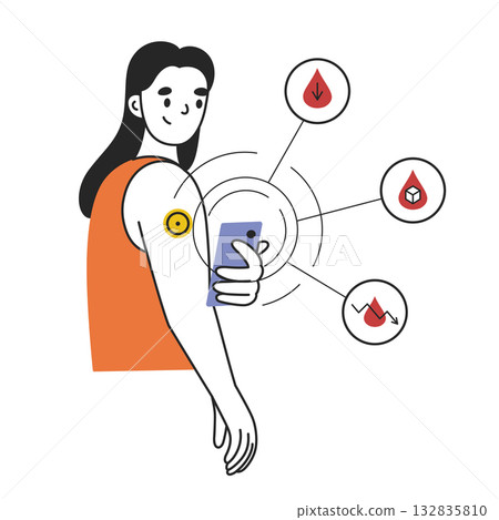 Flat cartoon vector illustration of woman checking blood sugar with continuous glucose monitor and smartphone. Health tracking, diabetes control, smart medical devices and wellness technology 132835810