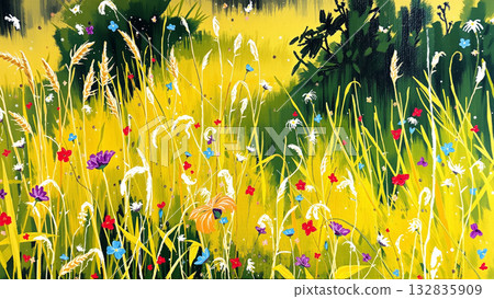 A variety of meadow flowers bloom in a summer field 132835909