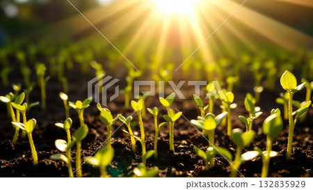 Close-up of new crop sowing. Sprouts are breaking through the soil in the rays of the sun 132835929