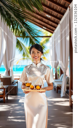 Beautiful Asian woman waiter carrying on tray drinks while working in restaurant. Beautiful Asian woman waiter carrying on tray drinks while working in restaurant. 132836104