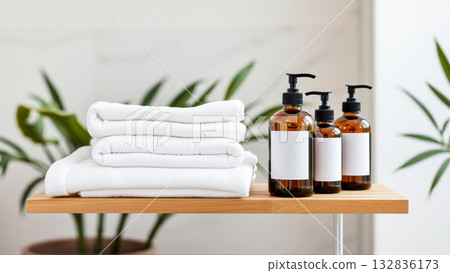 Spa treatment set, wooden shelf with neatly folded towels and dispensers for soap, cream, massage oil Spa treatment set, wooden shelf with neatly folded towels and dispensers for soap, cream, massage oil 132836173