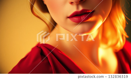 Cinematic image of beautiful woman with red lipstick on her lips, in retro style 132836319