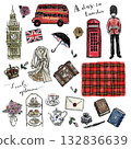 London Travel and British Goods Hand-Drawn Watercolor Illustration Set (Transparent PNG) 132836639