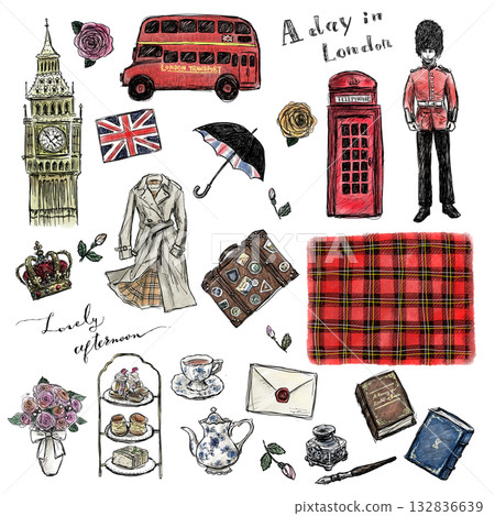 London Travel and British Goods Hand-Drawn Watercolor Illustration Set (Transparent PNG) London Travel and British Goods Hand-Drawn Watercolor Illustration Set (Transparent PNG) 132836639