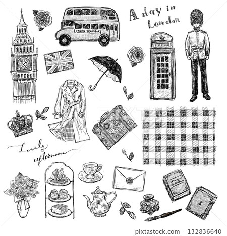 London Travel and British Goods Line Drawing Illustration Set (Transparent PNG) 132836640