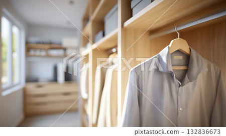 A modern white walk-in closet in a newly built home - clean and minimalist storage space A modern white walk-in closet in a newly built home - clean and minimalist storage space 132836673